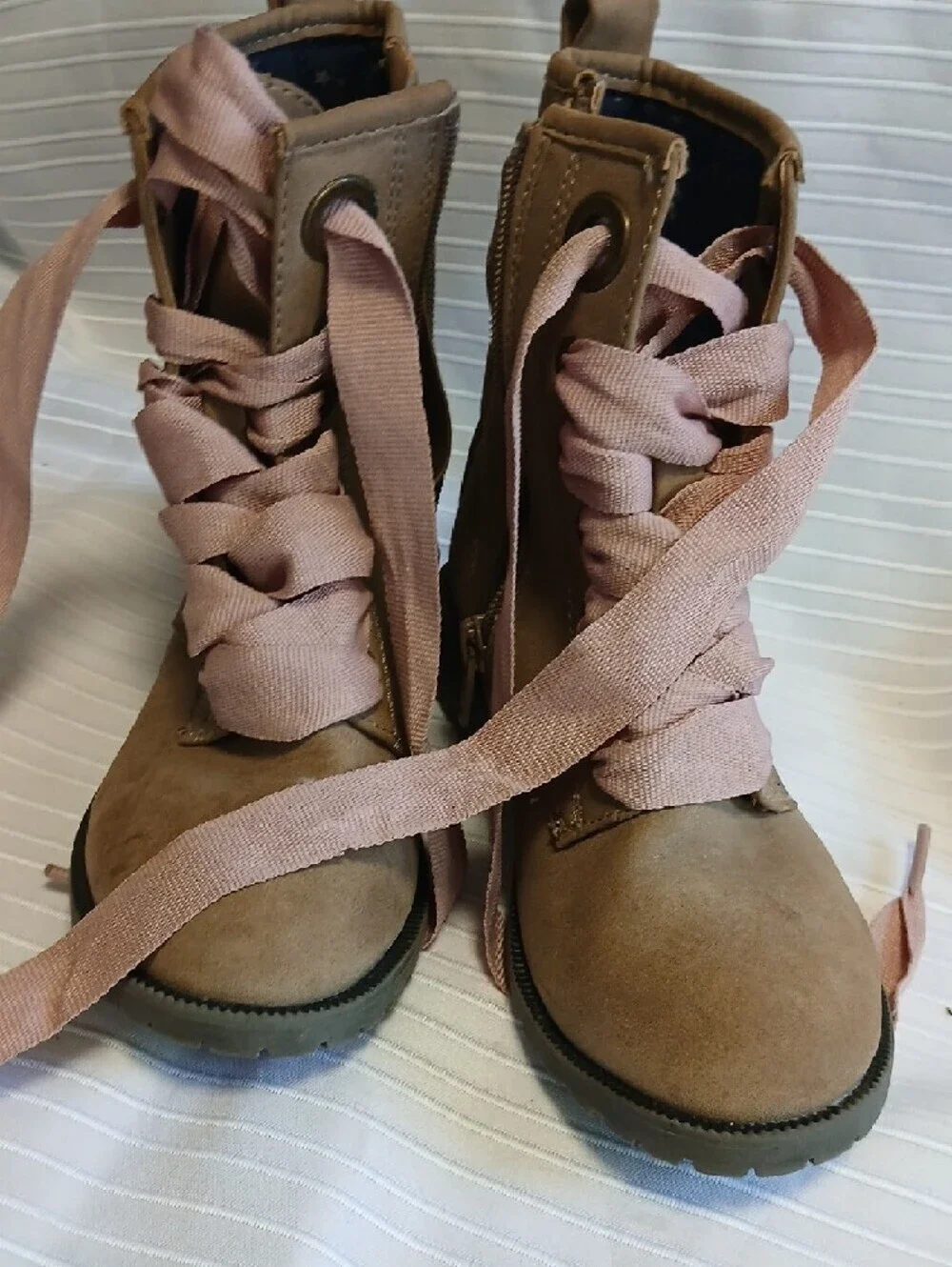 Cat & Jack Tan Boots with Pink Ribbon Laces